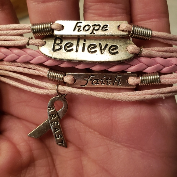 Pink cord and silver breast cancer bracelet with inspirational charms. - Picture 2 of 3